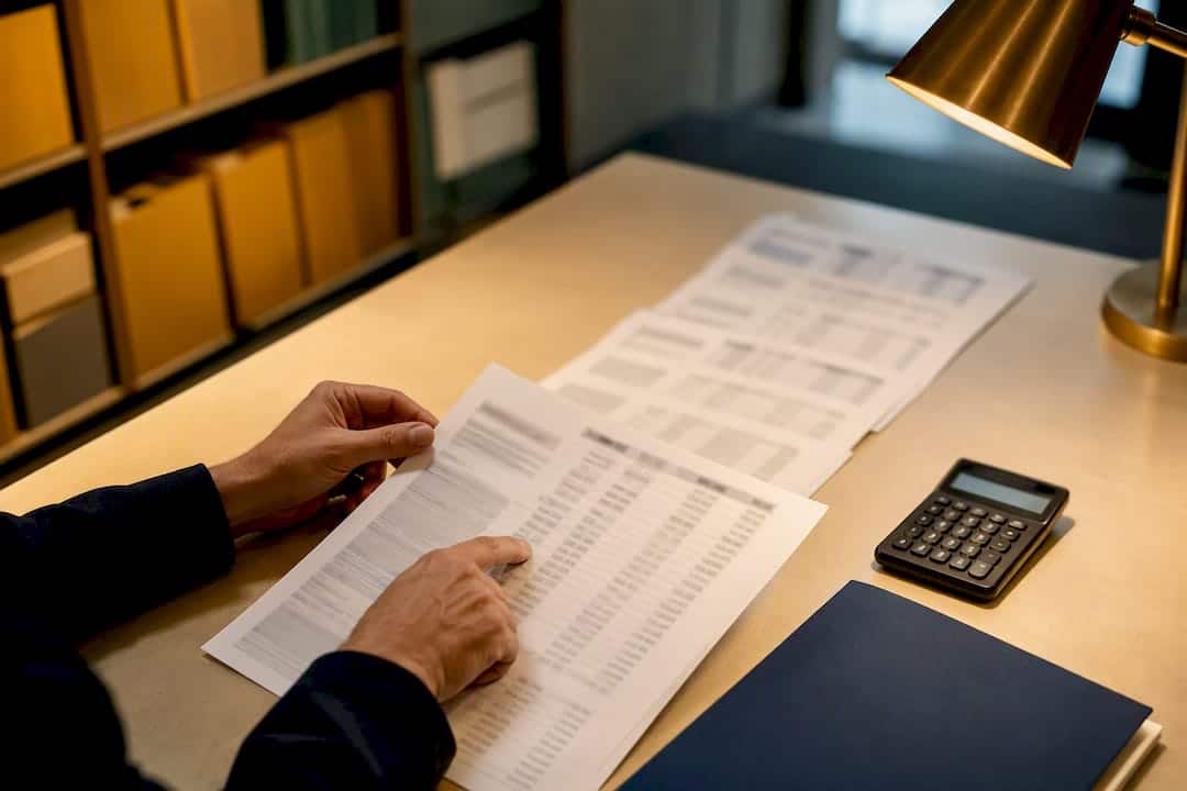 Hands reviewing financial records in courthouse archive