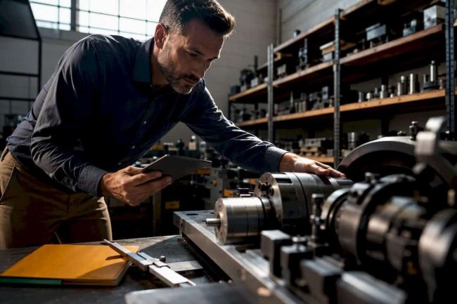 Appraiser inspecting small business equipment