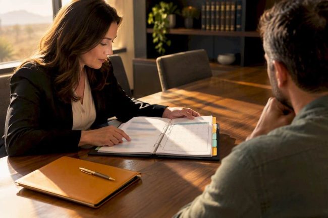 Attorney and parent reviewing custody materials