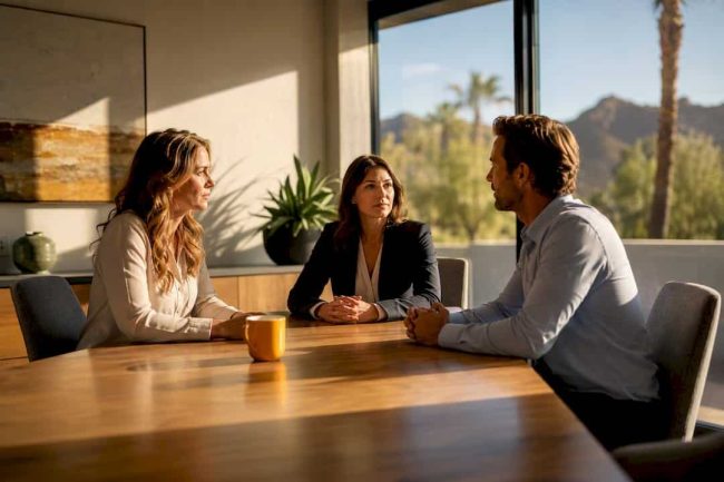 Divorce mediation discussion in Scottsdale room