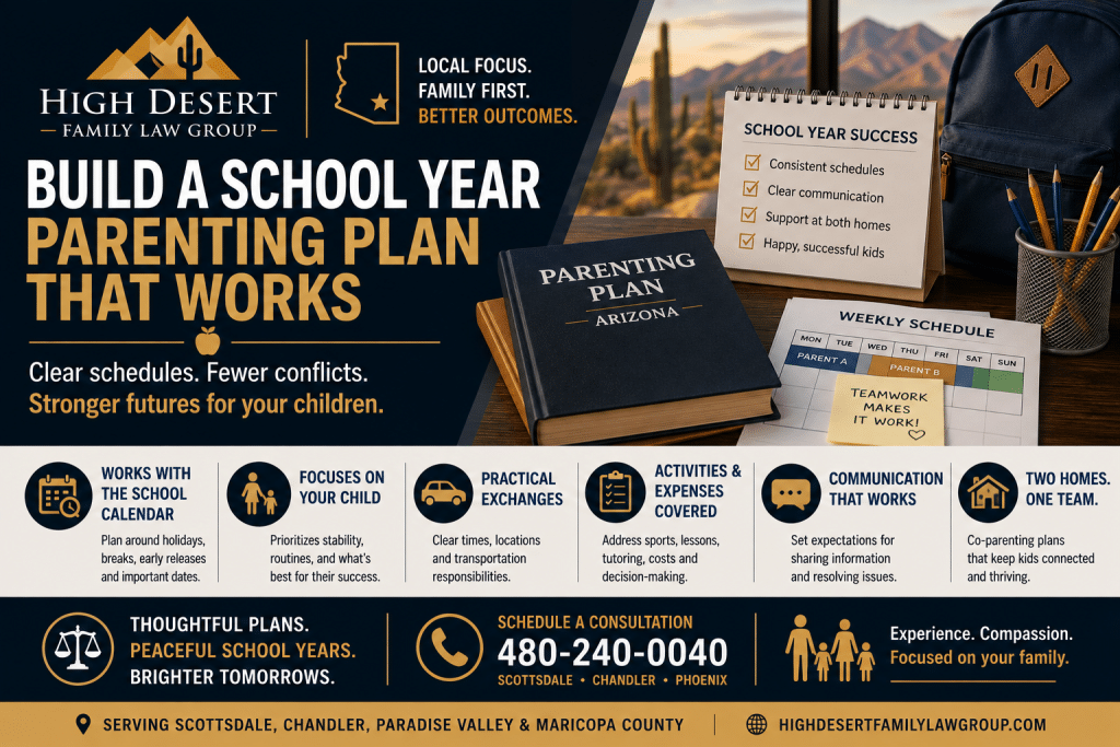 Create a practical Arizona parenting plan for school schedules, exchanges, activities, homework and closures.