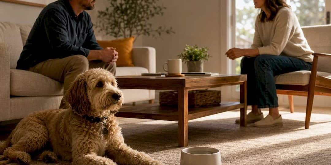Couple discussing shared time with dog