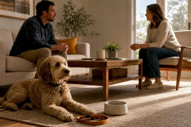Couple discussing shared time with dog