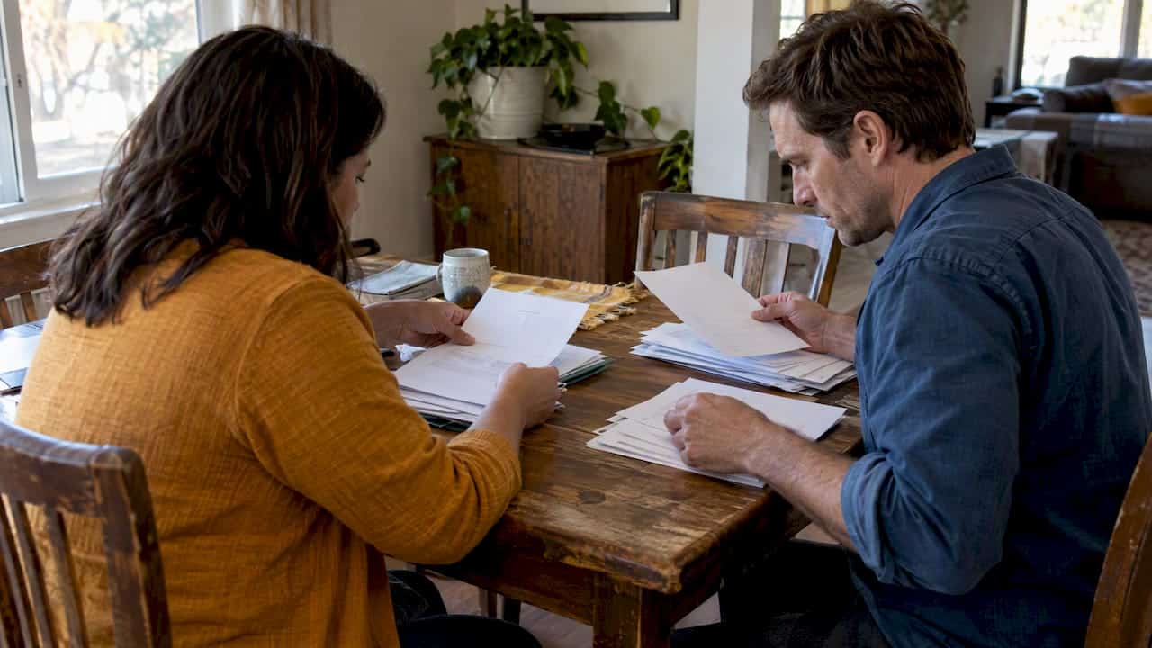 Couple sorting student loan documents during divorce