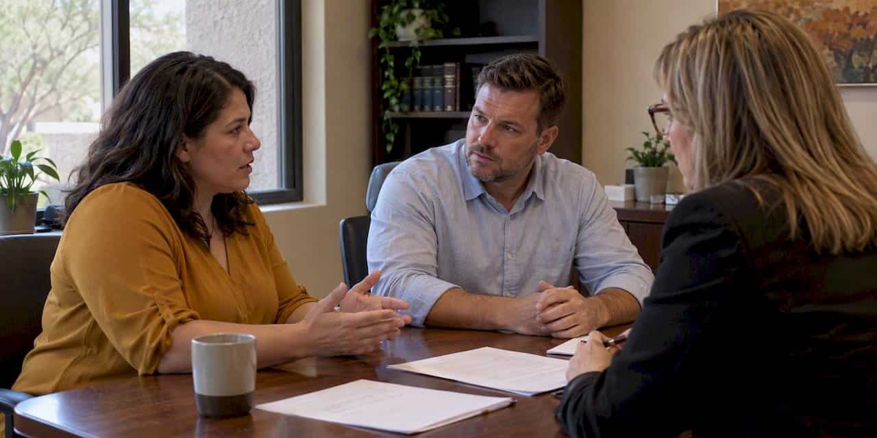 1791369672419_Couple-negotiating-settlement-terms-with-mediator Couple negotiating settlement terms with mediator