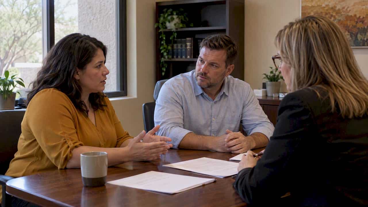 Couple negotiating settlement terms with mediator