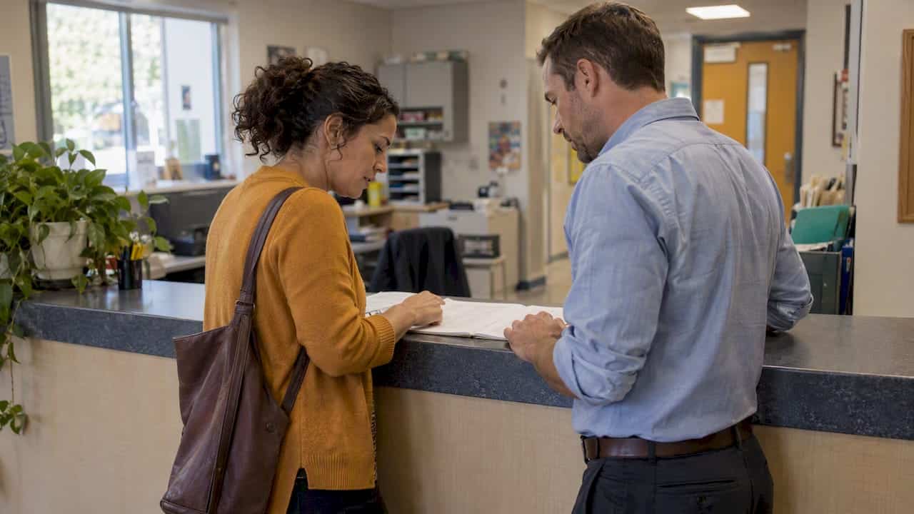 Co-parents discussing a child's school decision