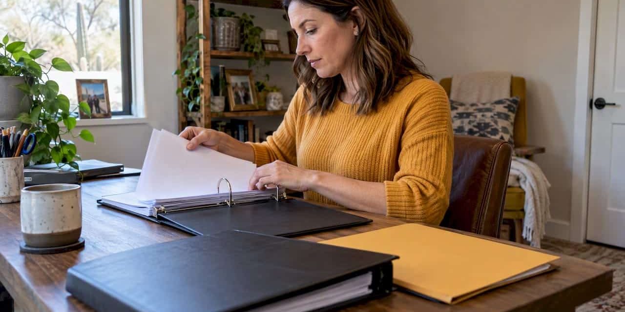 Parent organizing exhibits in a trial binder