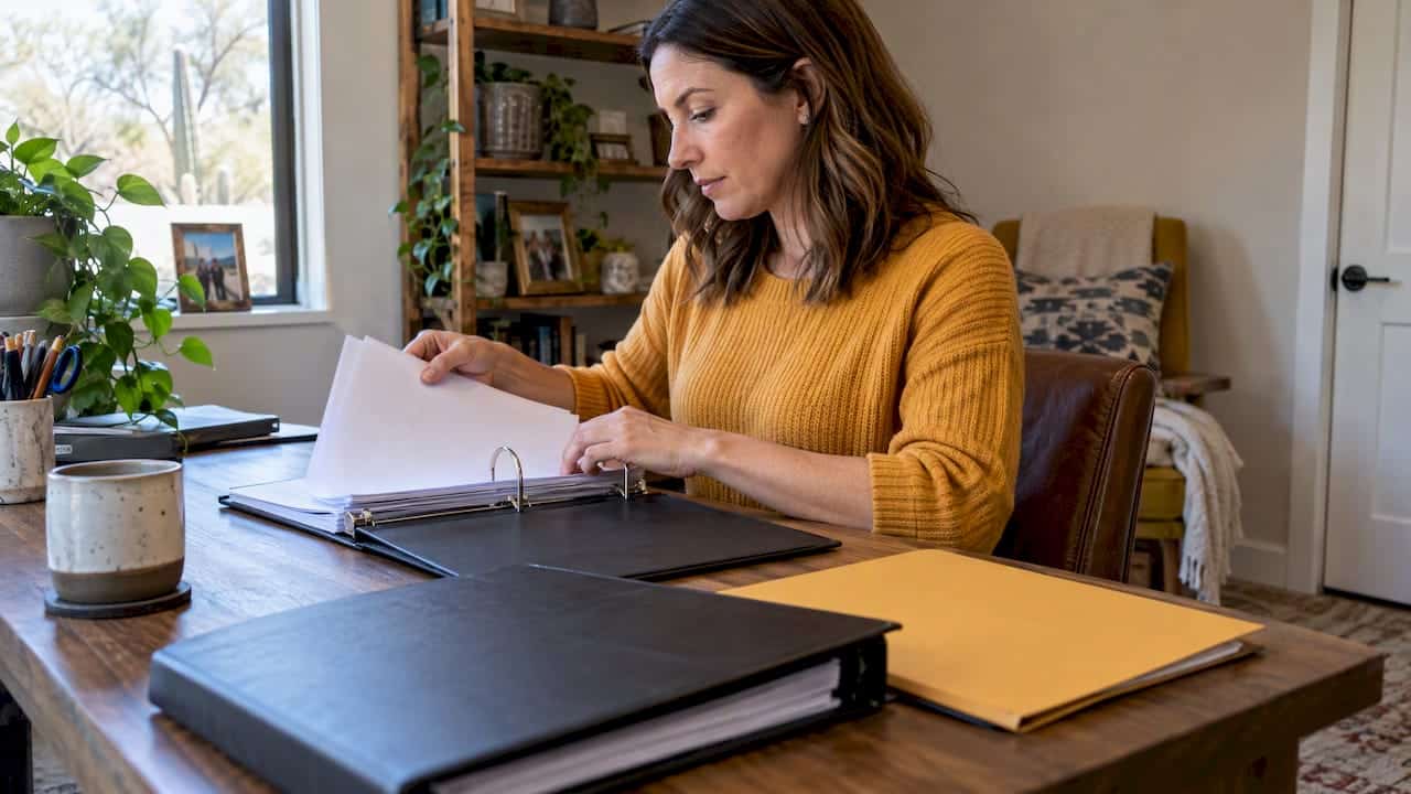 Parent organizing exhibits in a trial binder