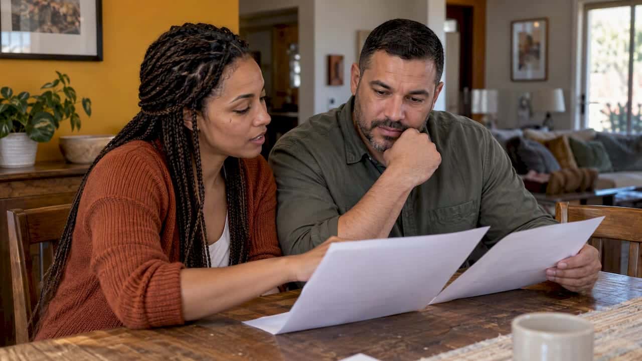 Couple reviewing a cohabitation agreement at home