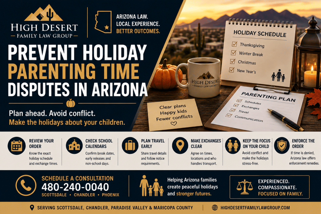 Review holiday schedules, school breaks, travel and exchanges before an Arizona parenting dispute begins.